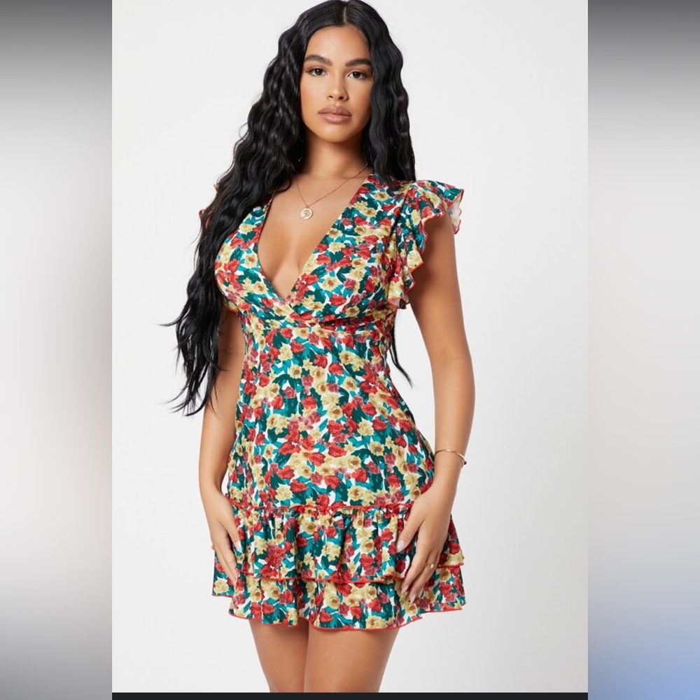 SHEIN Red Pink Ruffled Tie Front Mini Sundress